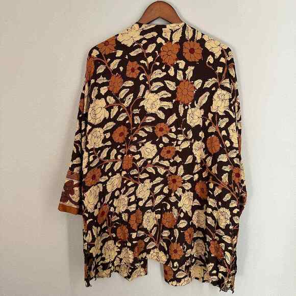 Soft Surroundings Open Front Lightweight Cardigan Kimono Brown Cream Floral - Picture 2 of 4
